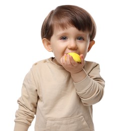 Photo of Cute little child eating tasty mochi on white background