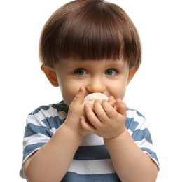 Photo of Cute little child eating tasty mochi on white background