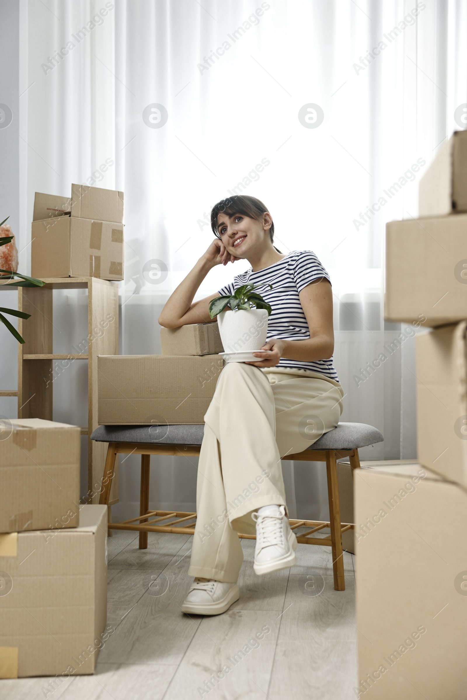 Photo of Moving day. Happy woman with houseplant and cardboard boxes in her new home