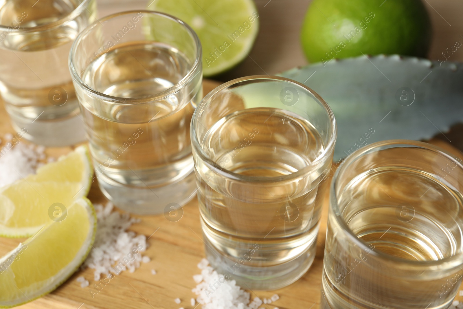 Photo of Tequila shots with salt, limes and agave leaf on wooden table, closeup