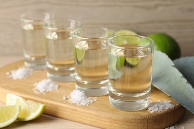 Photo of Tequila shots with salt, limes and agave leaves on wooden table, closeup