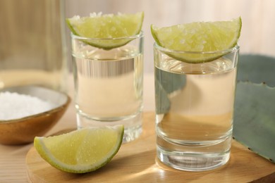 Photo of Tequila shots with lime slices, salt and agave leaves on wooden table, closeup