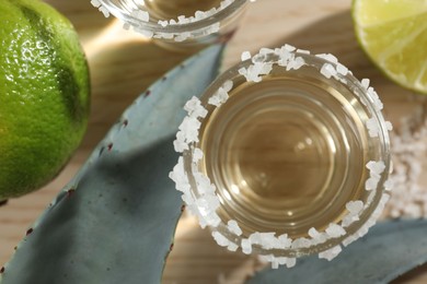 Photo of Tequila shot with salt, limes and agave leaves on wooden table, flat lay