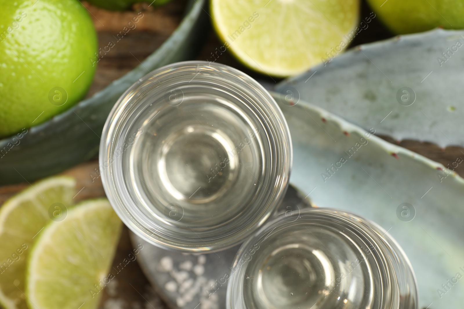 Photo of Tequila shots with salt, limes and agave leaves on table, flat lay