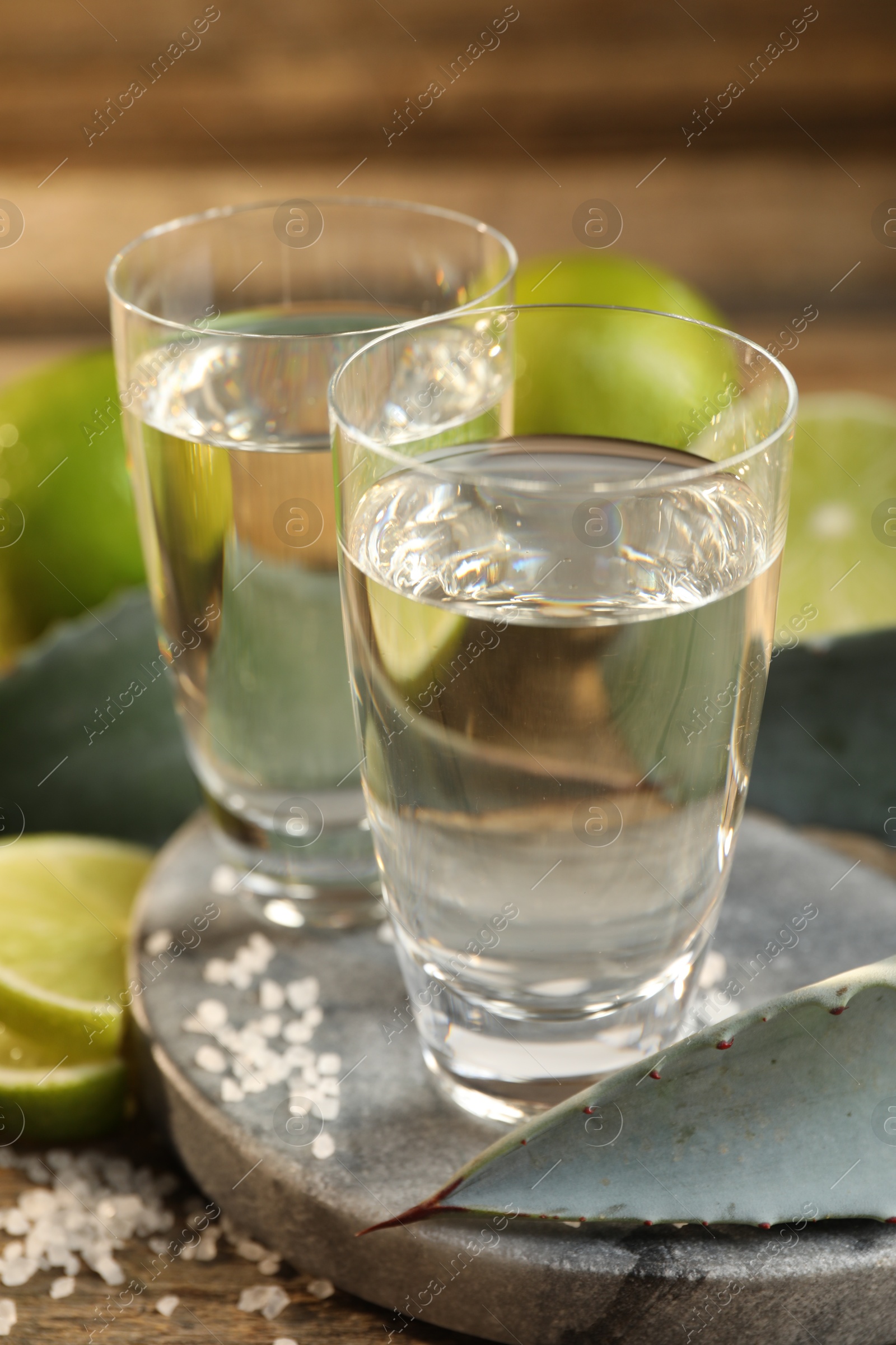 Photo of Tequila shots with salt, limes and agave leaves on wooden table, closeup