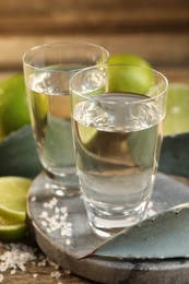 Photo of Tequila shots with salt, limes and agave leaves on wooden table, closeup