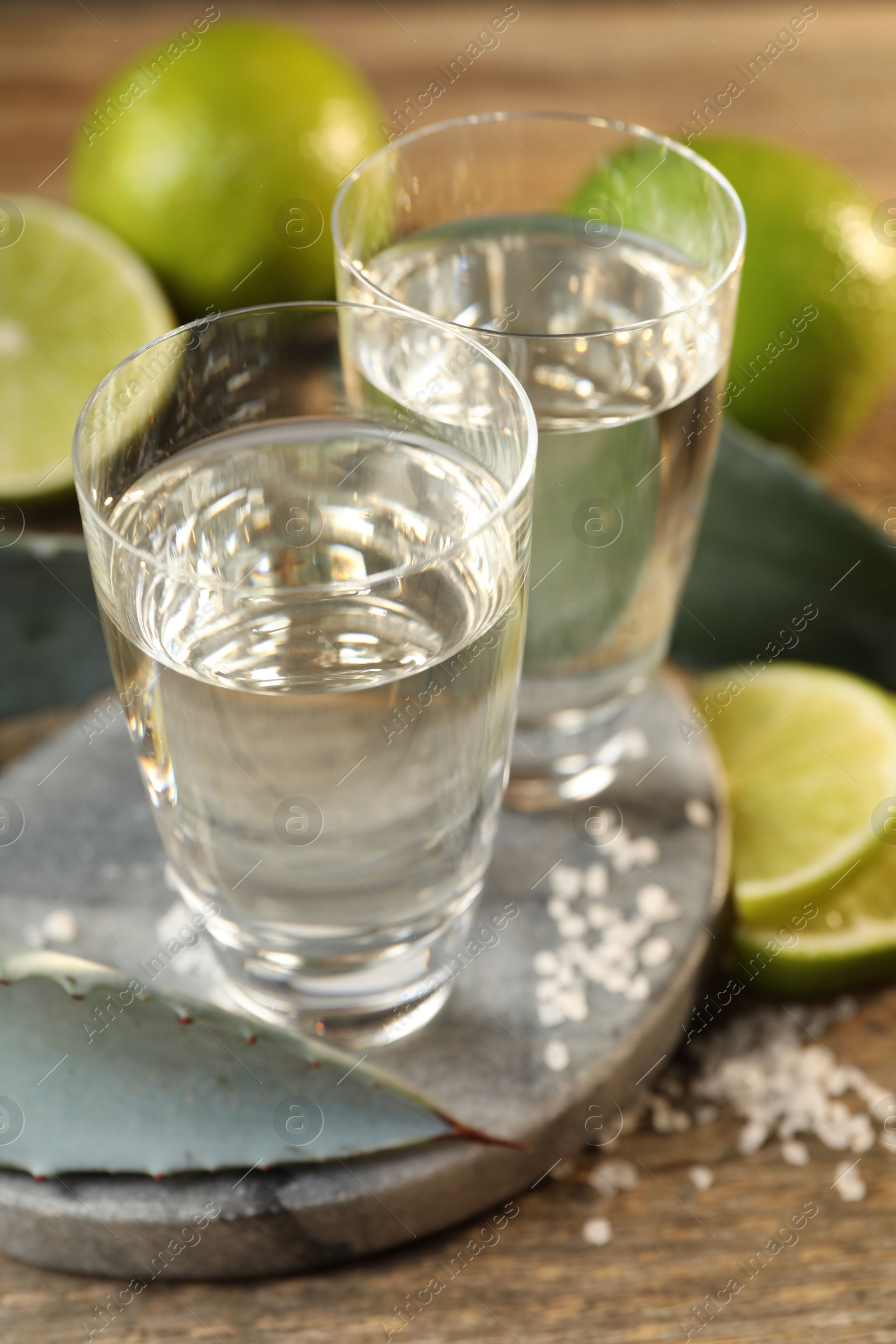 Photo of Tequila shots with salt, limes and agave leaves on wooden table, closeup