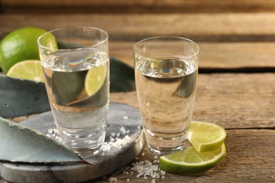 Photo of Tequila shots with salt, limes and agave leaves on wooden table, closeup