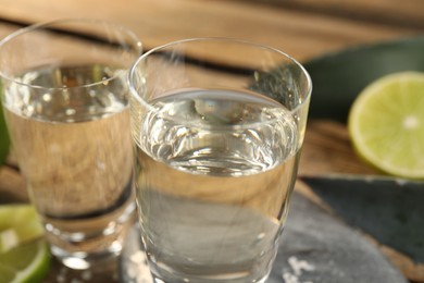 Photo of Tequila shots with limes and agave leaves on table, closeup