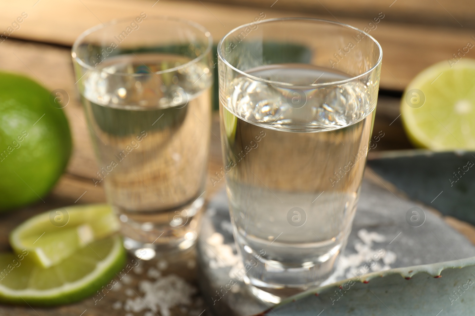 Photo of Tequila shots with salt, limes and agave leaves on table, closeup