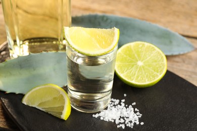 Photo of Tequila shot with lime slices, salt and agave leaves on wooden table, closeup