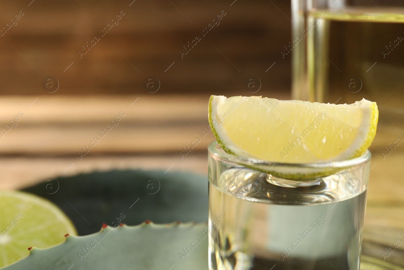 Photo of Tequila shot with lime slice and agave leaves on table, closeup. Space for text