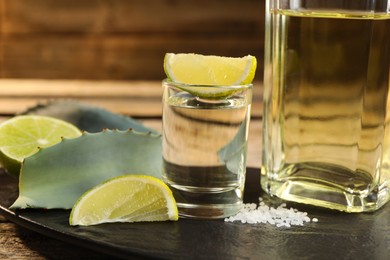 Photo of Tequila shot with lime slices, salt and agave leaves on wooden table, closeup