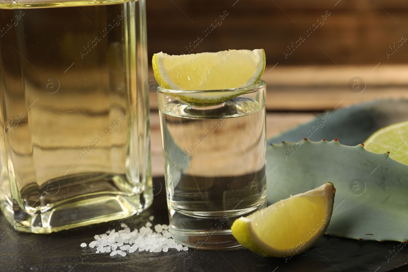 Photo of Tequila shot with lime slices, salt and agave leaves on table, closeup