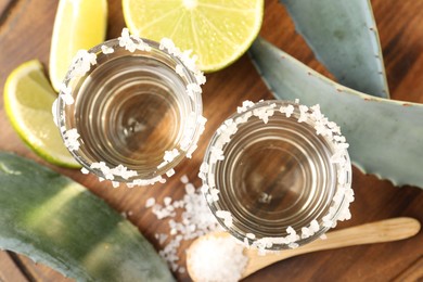 Photo of Tequila shots with salt, lime slices and agave leaves on wooden table, flat lay