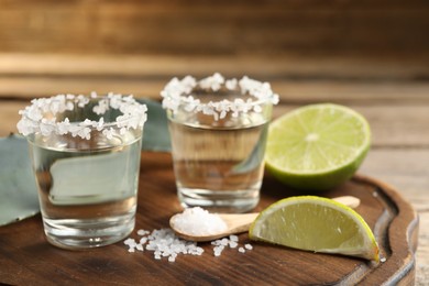 Photo of Tequila shots with salt, lime slices and agave leaves on wooden table, closeup