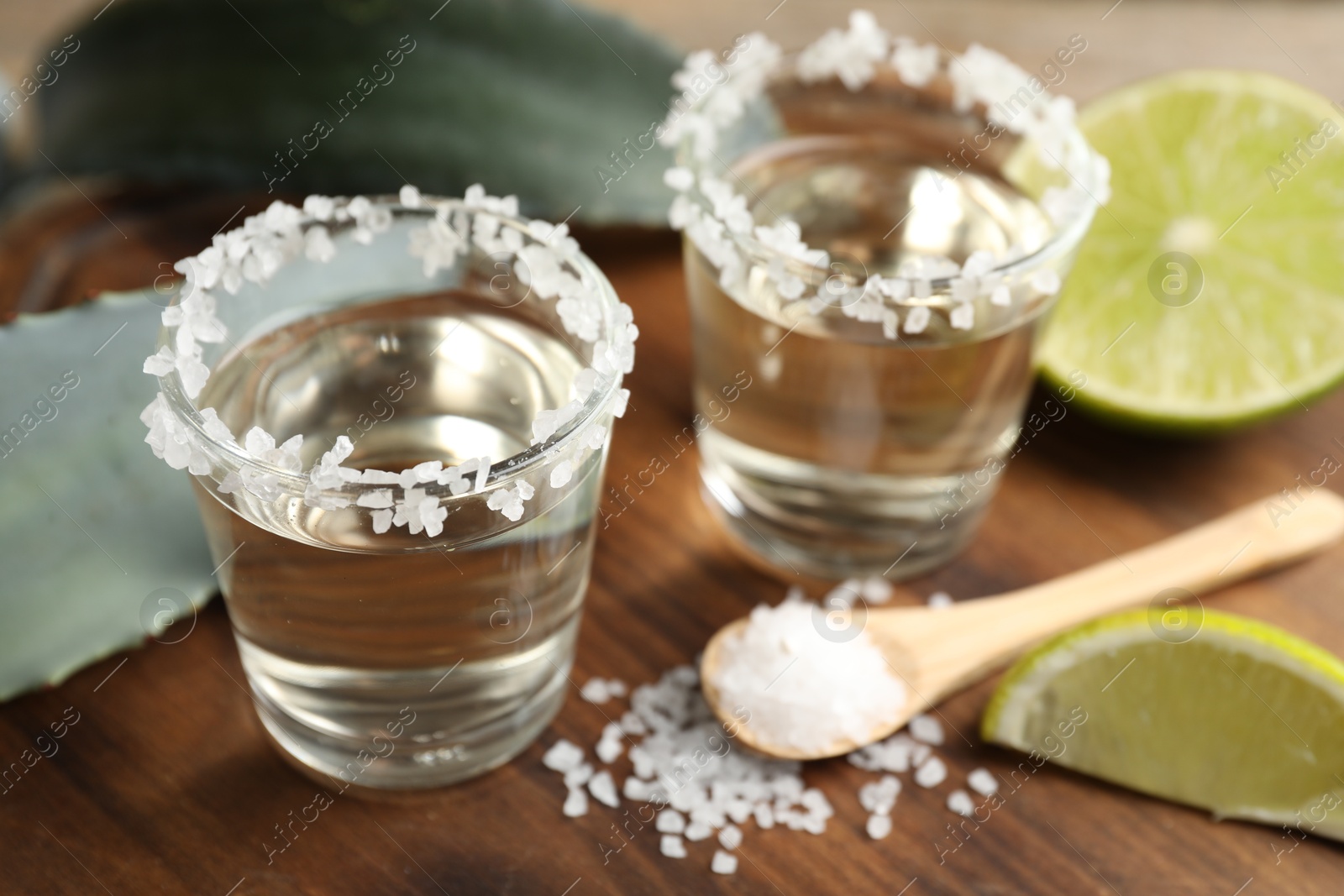 Photo of Tequila shots with salt, lime slices and agave leaves on wooden table, closeup