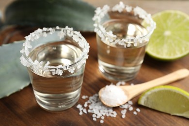 Photo of Tequila shots with salt, lime slices and agave leaves on wooden table, closeup