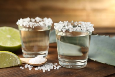 Photo of Tequila shots with salt, lime slices and agave leaf on wooden table, closeup