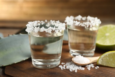 Photo of Tequila shots with salt, lime slices and agave leaf on wooden table, closeup