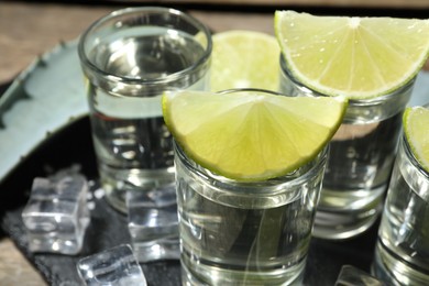 Tequila shots with lime slices, ice cubes and agave leaf on table, closeup