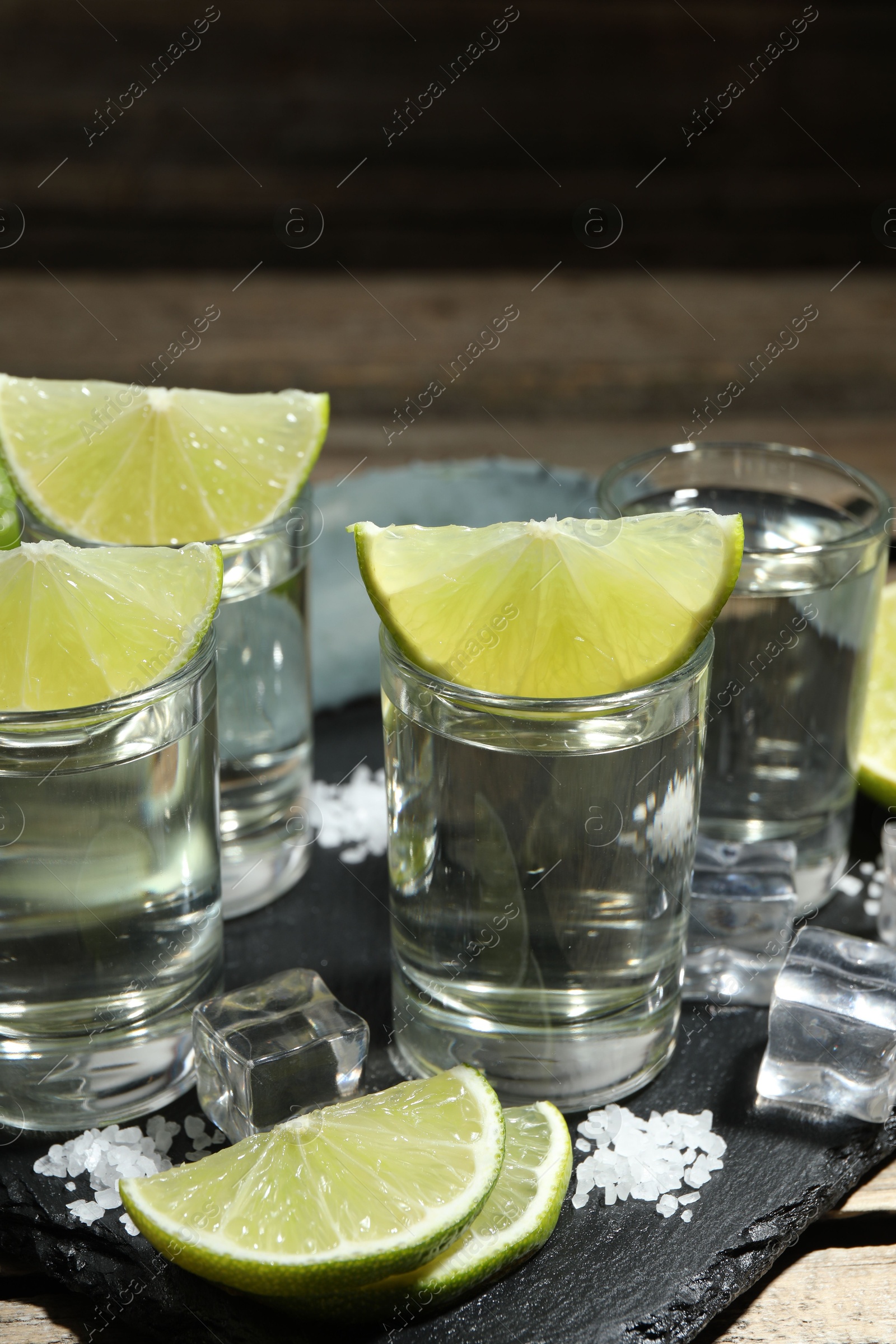 Photo of Tequila shots with lime slices, salt, ice cubes and agave leaf on table, closeup