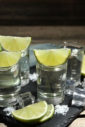 Photo of Tequila shots with lime slices, salt, ice cubes and agave leaf on table, closeup