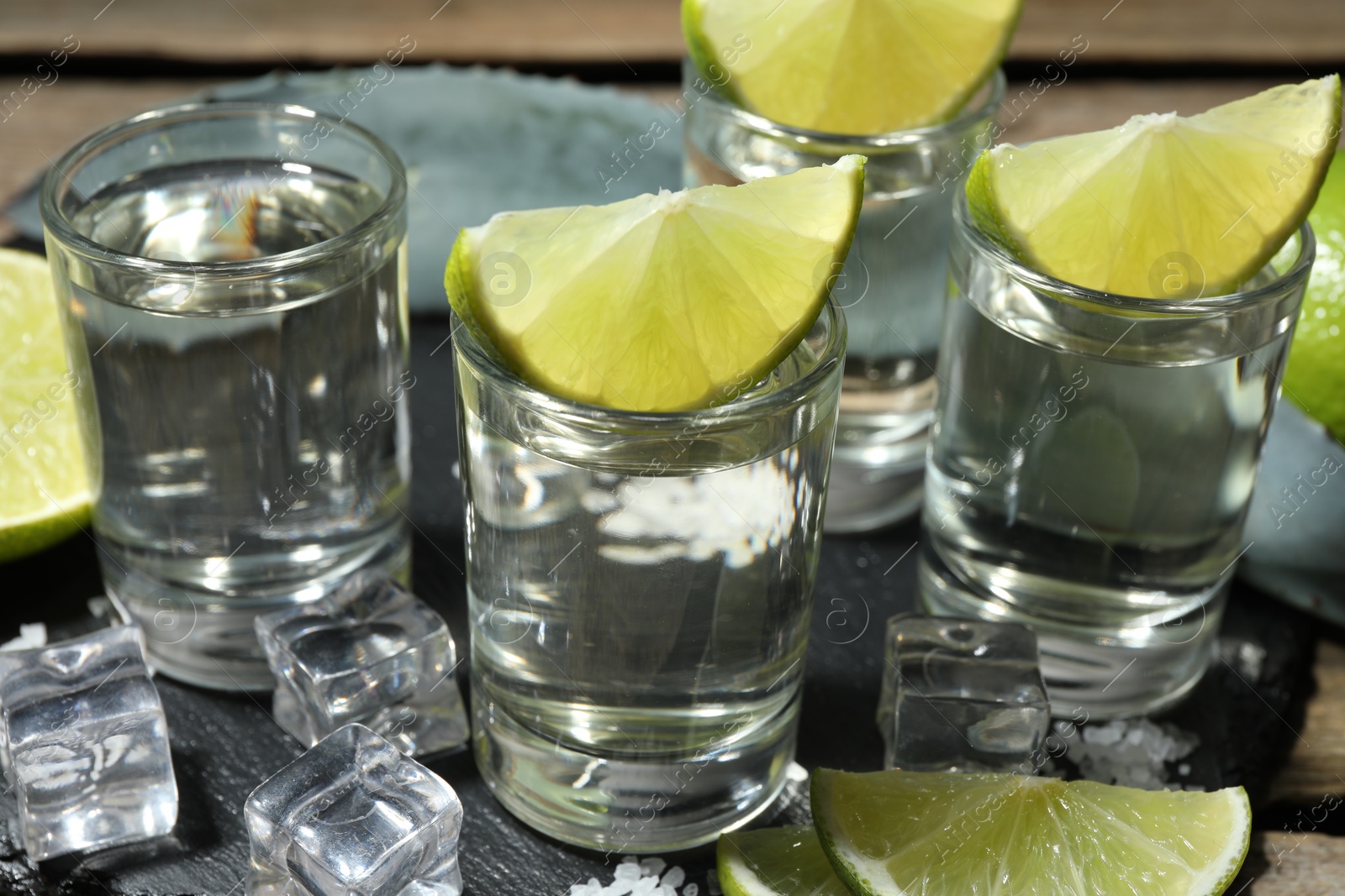 Photo of Tequila shots with lime slices, salt, ice cubes and agave leaf on table, closeup