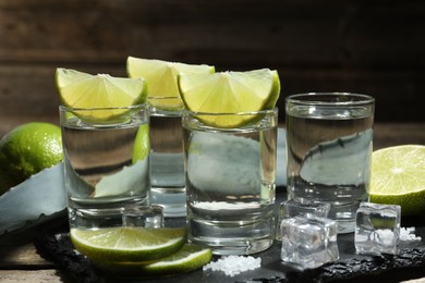 Photo of Tequila shots with lime slices, salt, ice cubes and agave leaf on table, closeup