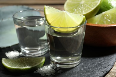 Photo of Tequila shots with lime slices, salt and agave leaves on table, closeup