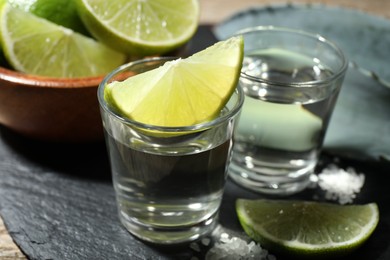 Photo of Tequila shots with lime slices, salt and agave leaves on table, closeup