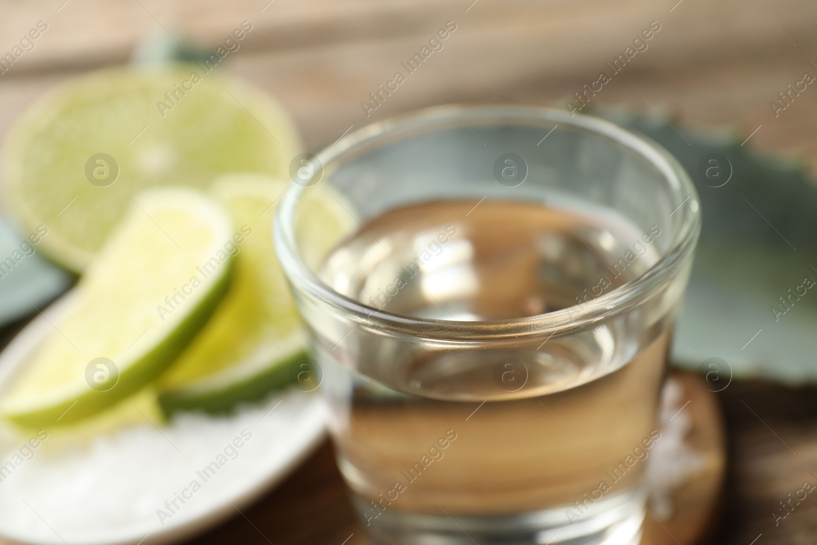 Photo of Tequila shot with lime slices and agave leaf on table, closeup