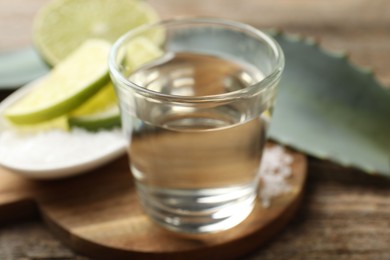 Photo of Tequila shot with lime slices and agave leaf on wooden table, closeup