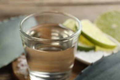 Photo of Tequila shot with lime slices and agave leaves on table, closeup