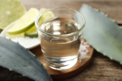 Photo of Tequila shot with lime slices and agave leaves on wooden table, closeup