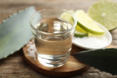 Photo of Tequila shot with lime slices and agave leaves on wooden table, closeup