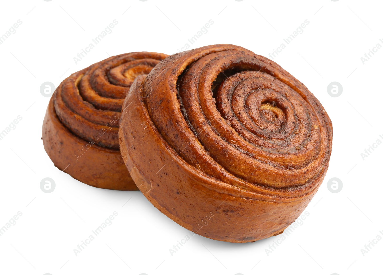 Photo of Delicious cinnamon roll buns isolated on white