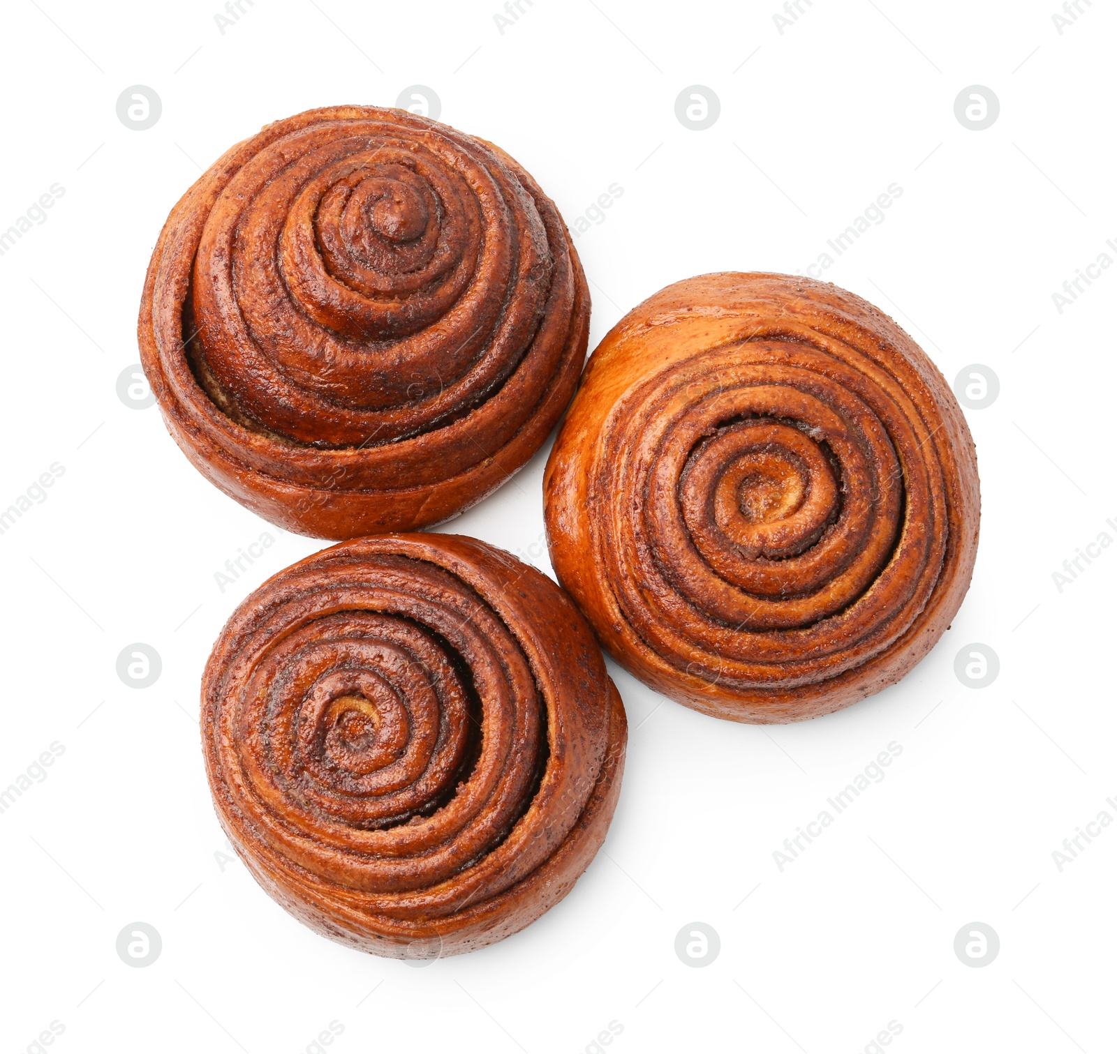 Photo of Delicious cinnamon roll buns isolated on white, top view