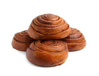 Photo of Delicious cinnamon roll buns isolated on white