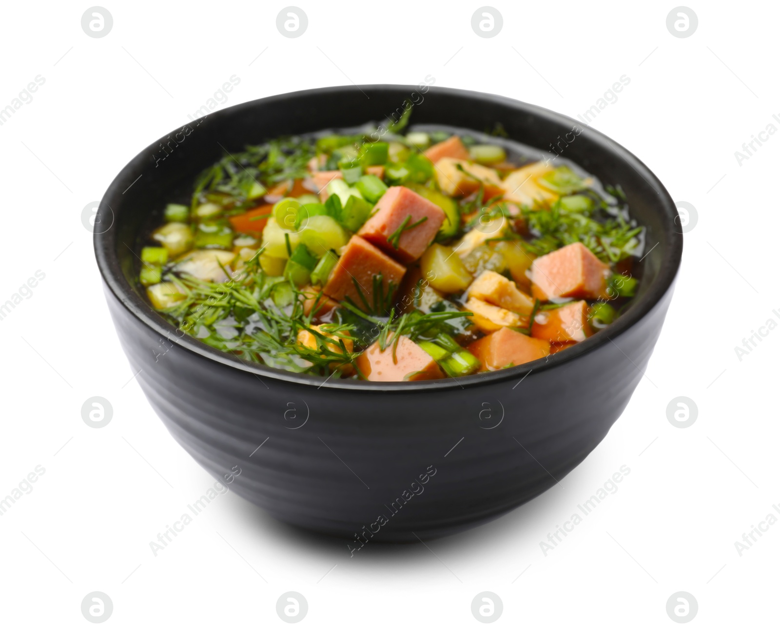 Photo of Delicious okroshka soup with kvass isolated on white