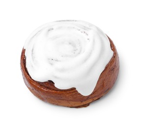 Photo of Tasty cinnamon roll with cream isolated on white