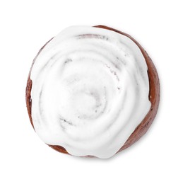 Photo of Tasty cinnamon roll with cream isolated on white, top view