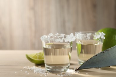 Photo of Tequila shots with salt, lime slice and agave leaf on wooden table, closeup. Space for text