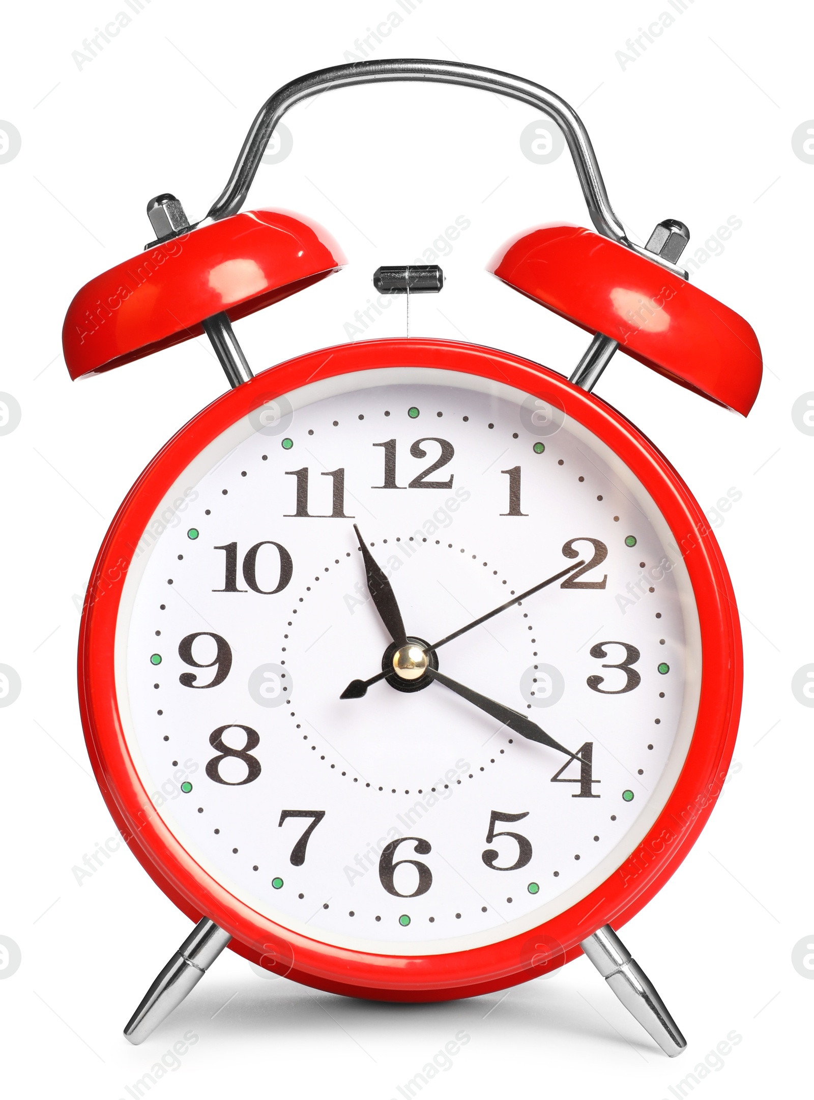 Photo of One red alarm clock isolated on white