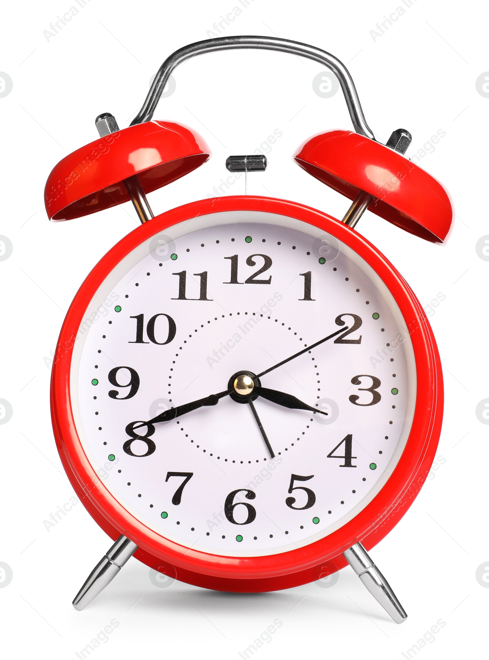 Photo of One red alarm clock isolated on white