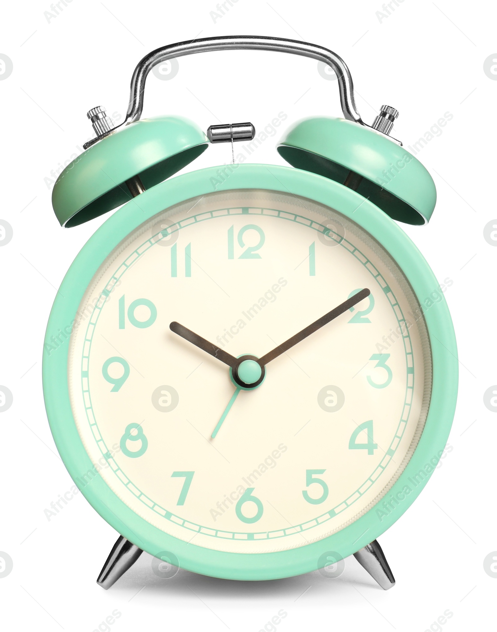 Photo of One turquoise alarm clock isolated on white