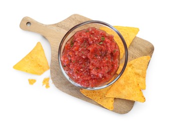 Spicy salsa sauce in glass bowl and nachos isolated on white, top view