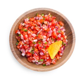 Delicious salsa and nacho chip in bowl isolated on white, top view