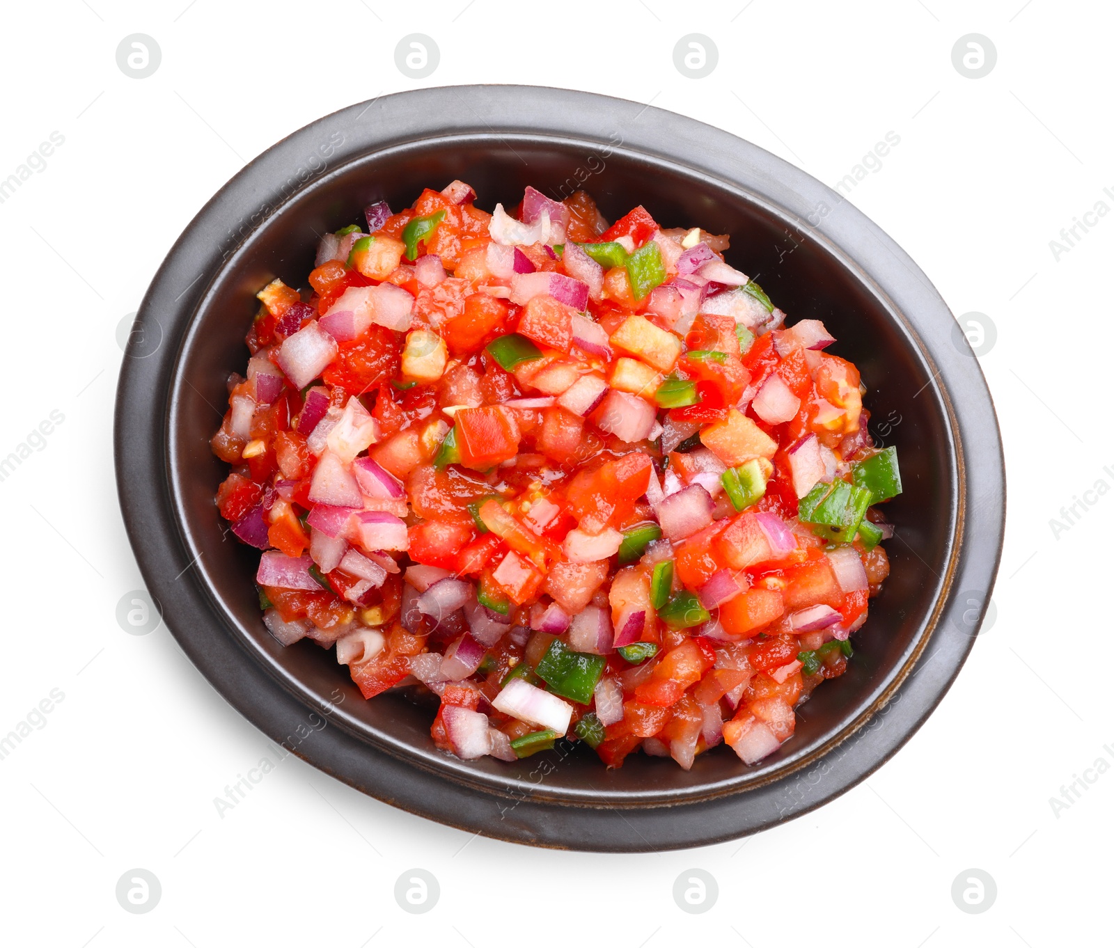 Photo of Delicious salsa in bowl isolated on white, top view