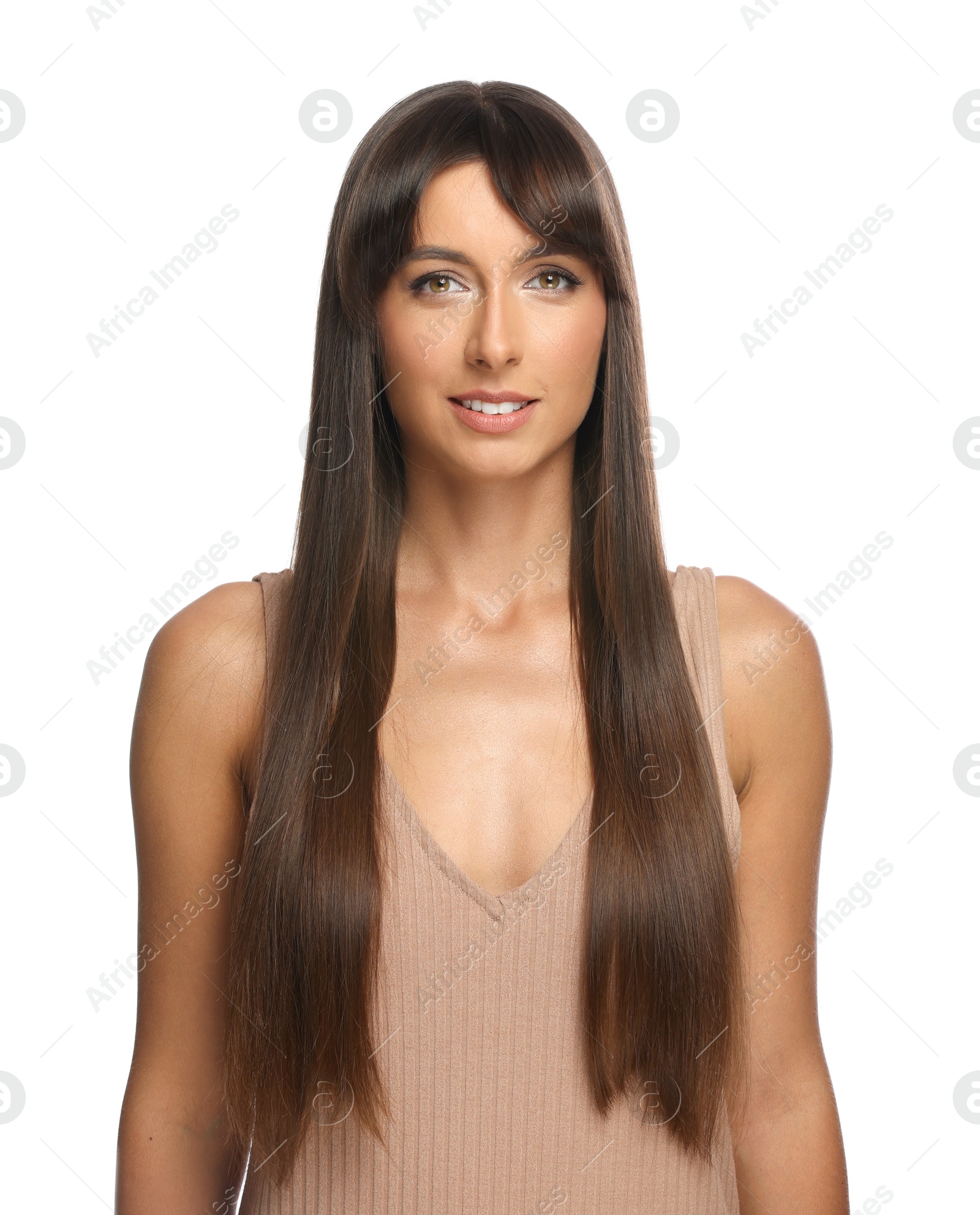 Photo of Hair styling. Portrait of beautiful woman with straight long hair on white background